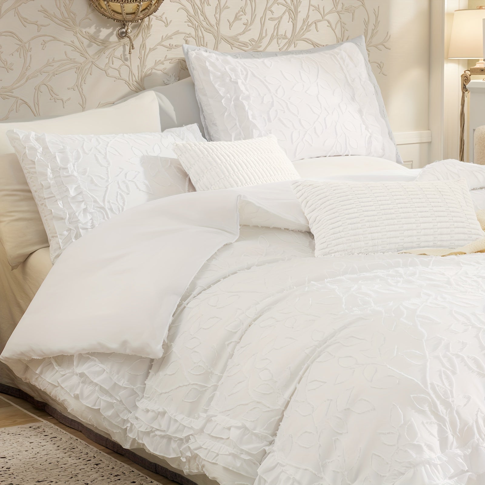 White Ruffle Comforter Sets 5pcs Shabby Chic Farmhouse Bedding Set Jacquard Leaf Botanical Bed Set Super Soft Cozy Bed Comforter For All Season