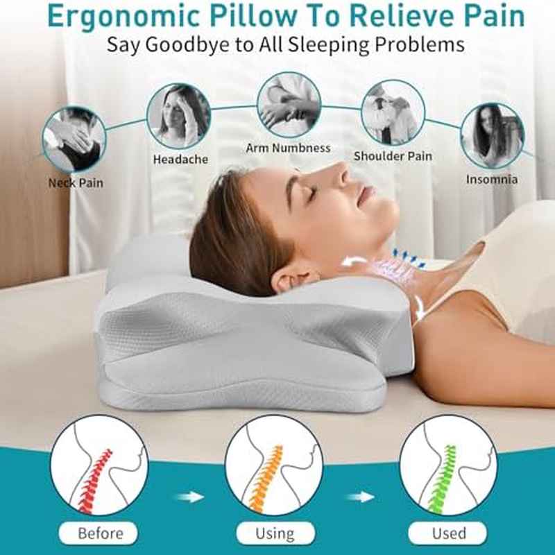 Relief Cervical Neck Pillow | Ergonomic Pillow for Side Back Stomach Sleepers with Cooling and Neck Support, Acrylic and Latex, Mixed Color, Dry Clean Only