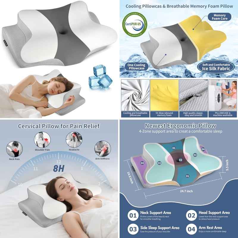 Bespillow Cooling Cervical Neck Relief Pillow - Ergonomic Pillow Compatible for Side\u002FBack\u002FStomach Sleepers, Latex-Filled & CertiPUR, C-Shaped Support for Spinal, Dry Clean Only (Multicolor) - Bedding