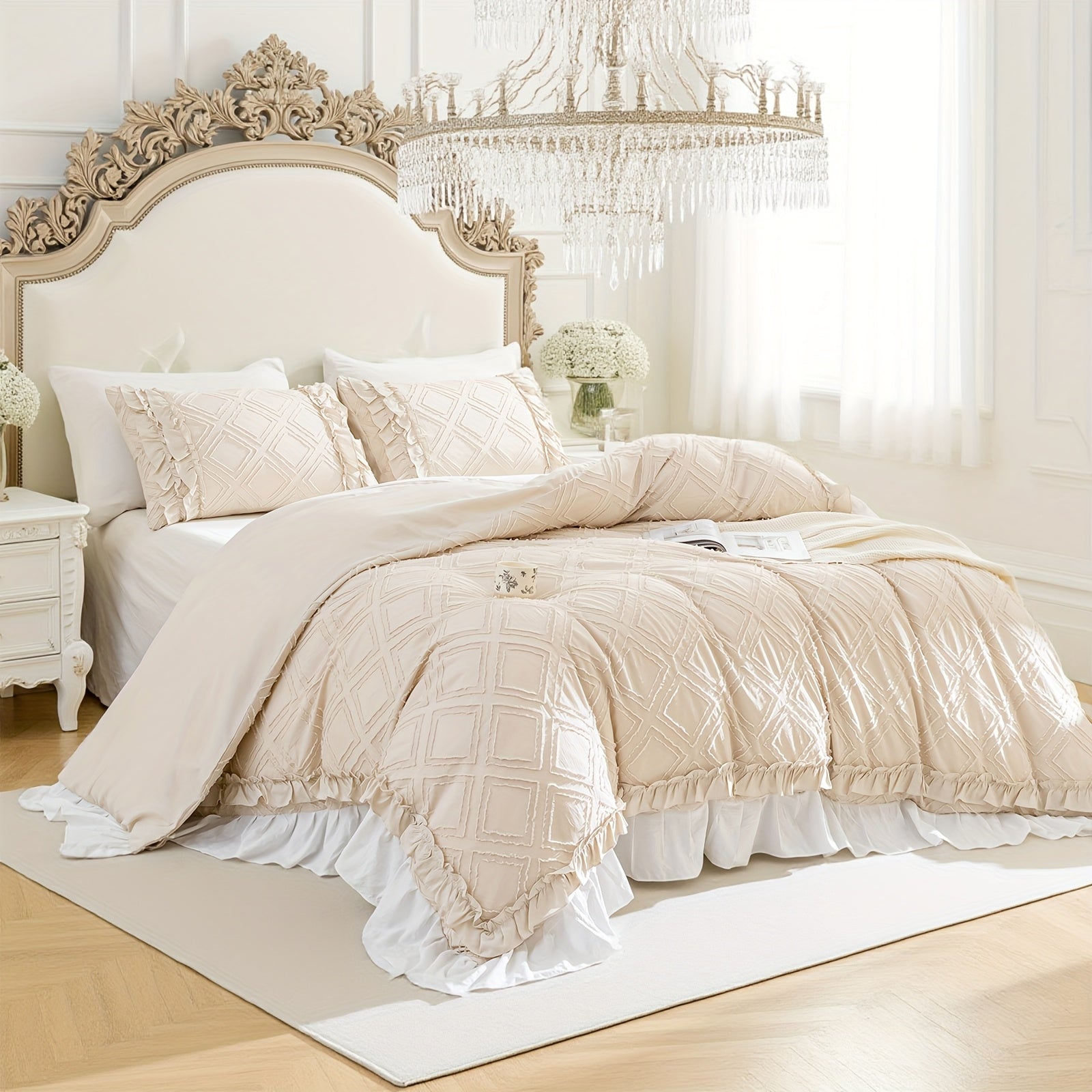 Cute Ruffle Comforter Set Beige White Bedding Set Pleated Ruffled Lace Shabby Chic Bedding Romantic Farmhouse Home Decor Super Soft Cozy All Season Comforter Set