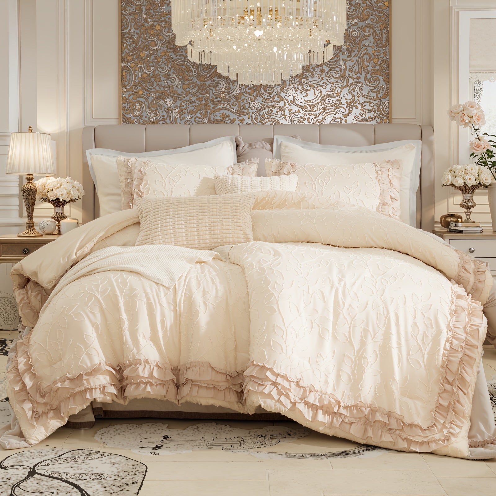 White Ruffle Comforter Sets 5pcs Shabby Chic Farmhouse Bedding Set Jacquard Leaf Botanical Bed Set Super Soft Cozy Bed Comforter For All Season