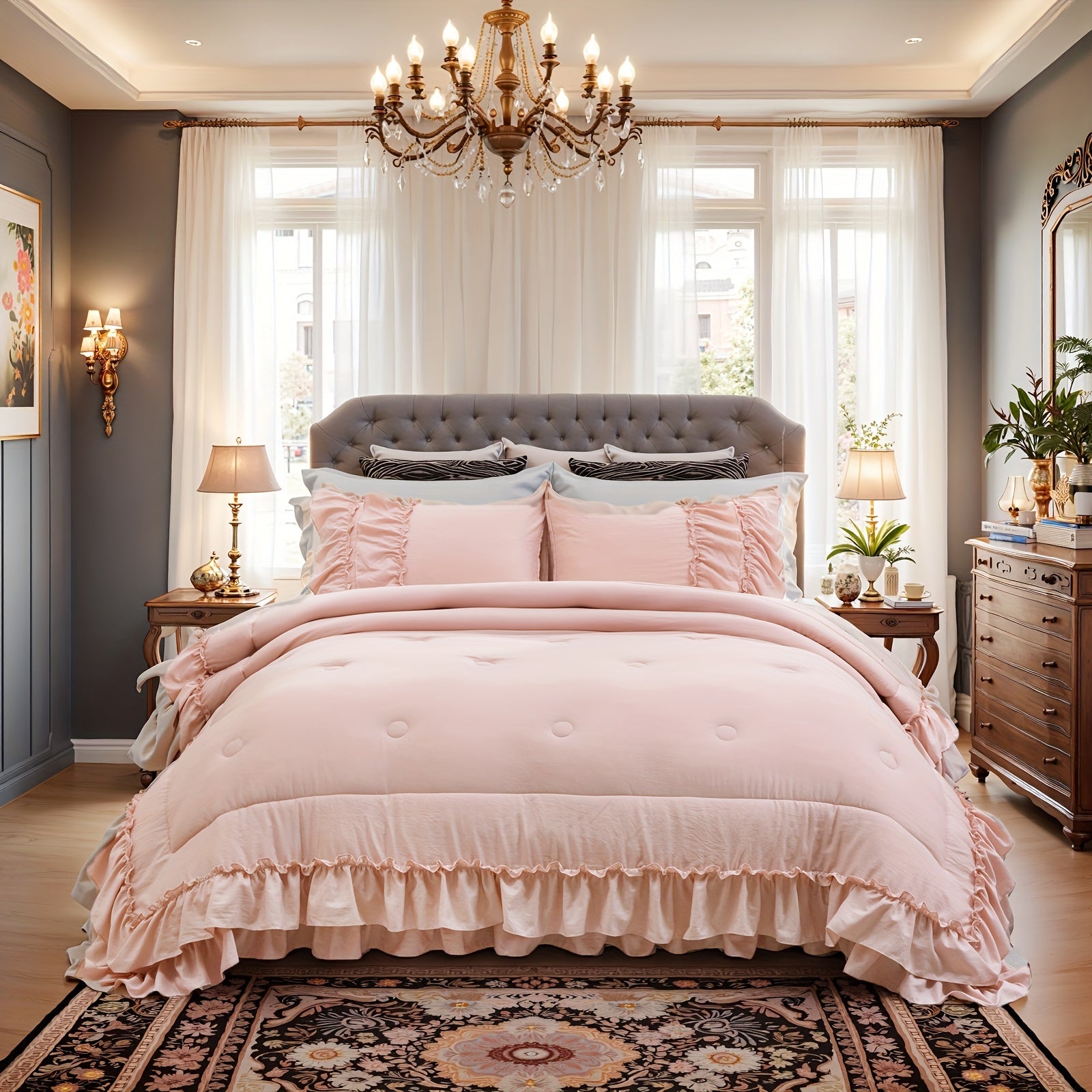 1000 Thread Count Beige Comforter Set Boho Bedding Set Shabby Chic 2 Layers Ruffles Bedroom Home Decor Ultra Soft Microfiber Farmhouse Comforter Bohemian Quilt Set For Girls Women