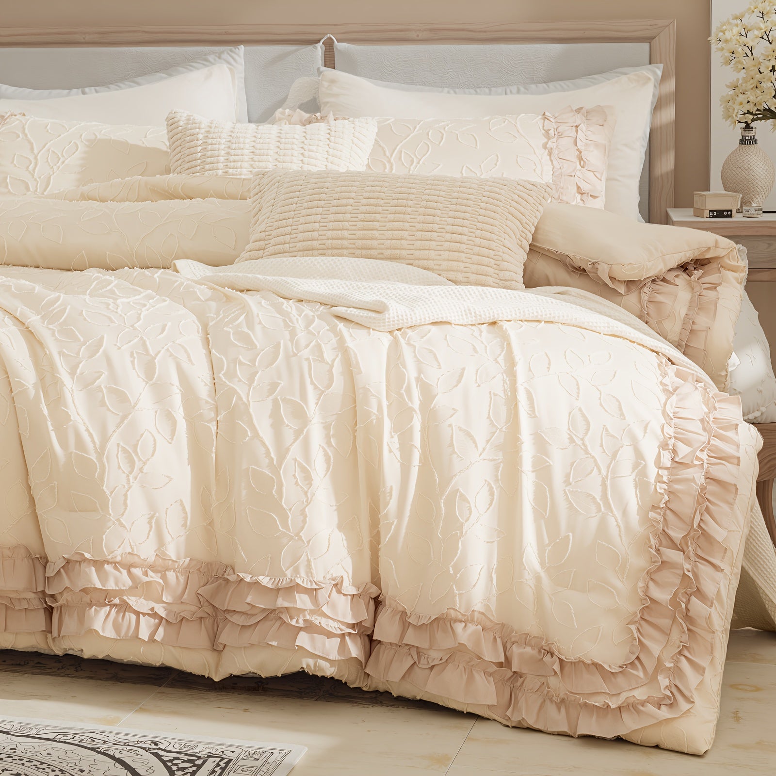 White Ruffle Comforter Sets 5pcs Shabby Chic Farmhouse Bedding Set Jacquard Leaf Botanical Bed Set Super Soft Cozy Bed Comforter For All Season