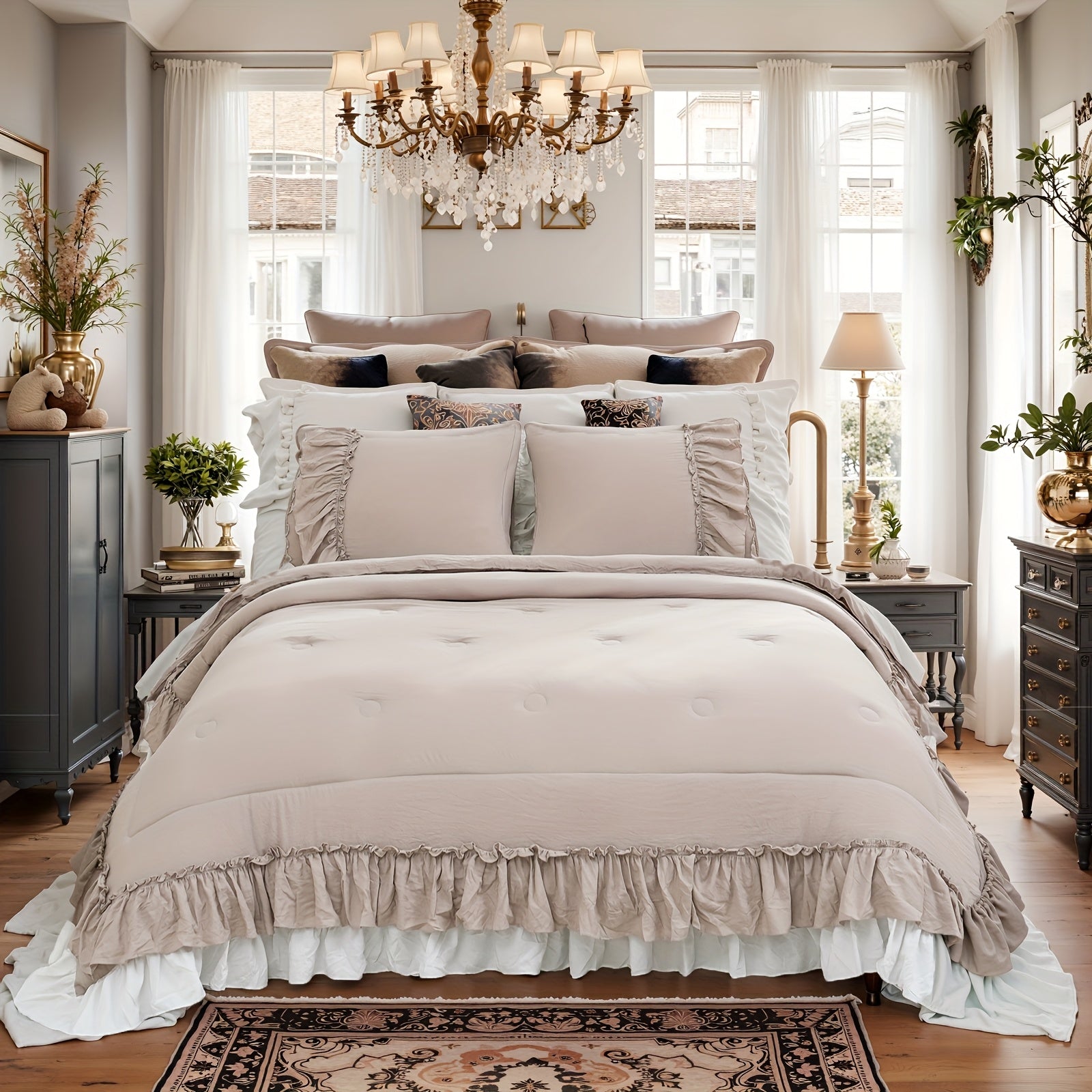 1000 Thread Count Beige Comforter Set Boho Bedding Set Shabby Chic 2 Layers Ruffles Bedroom Home Decor Ultra Soft Microfiber Farmhouse Comforter Bohemian Quilt Set For Girls Women