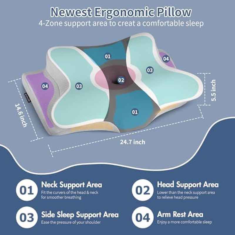 Bespillow Cooling Cervical Neck Relief Pillow - Ergonomic Pillow Compatible for Side\u002FBack\u002FStomach Sleepers, Latex-Filled & CertiPUR, C-Shaped Support for Spinal, Dry Clean Only (Multicolor) - Bedding