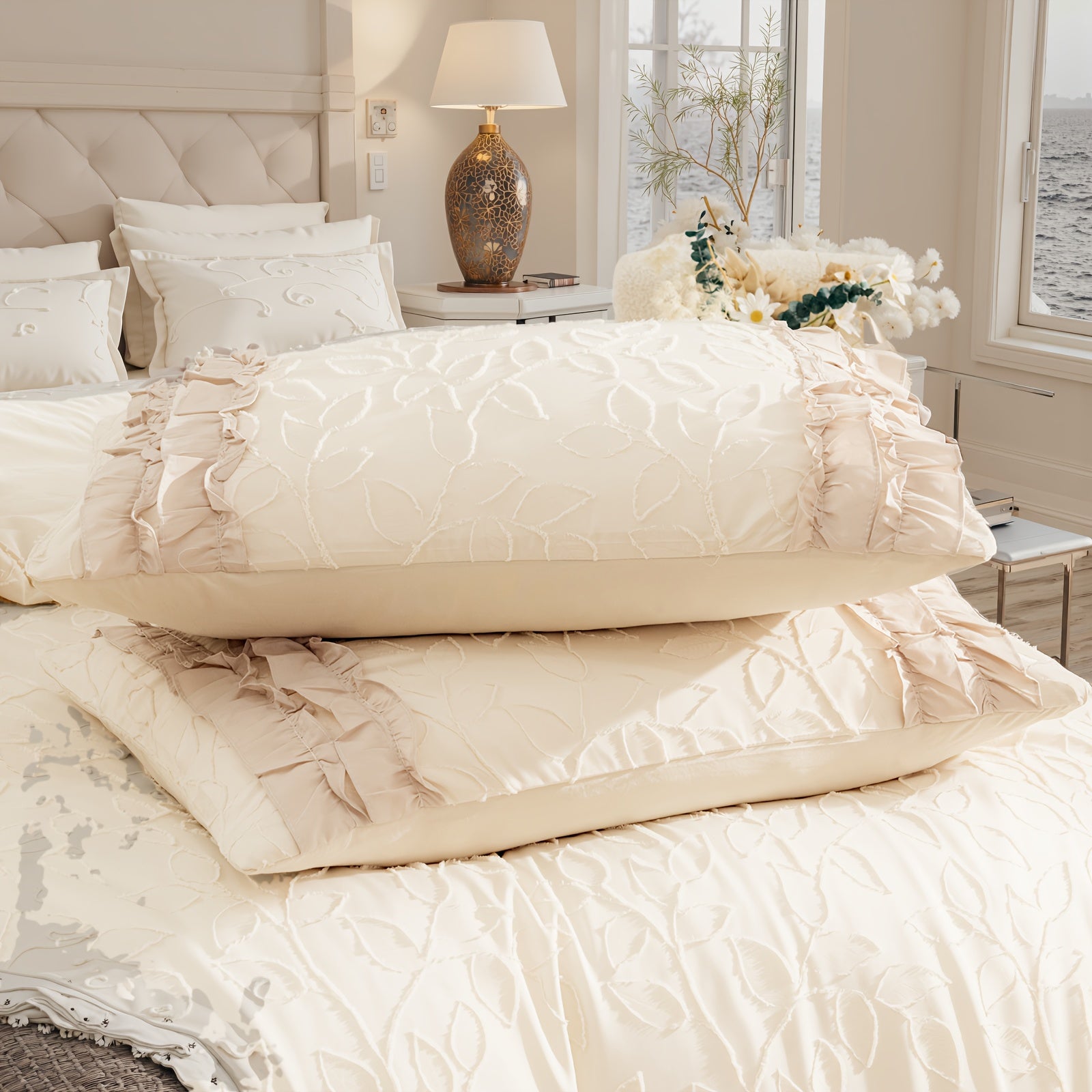 White Ruffle Comforter Sets 5pcs Shabby Chic Farmhouse Bedding Set Jacquard Leaf Botanical Bed Set Super Soft Cozy Bed Comforter For All Season