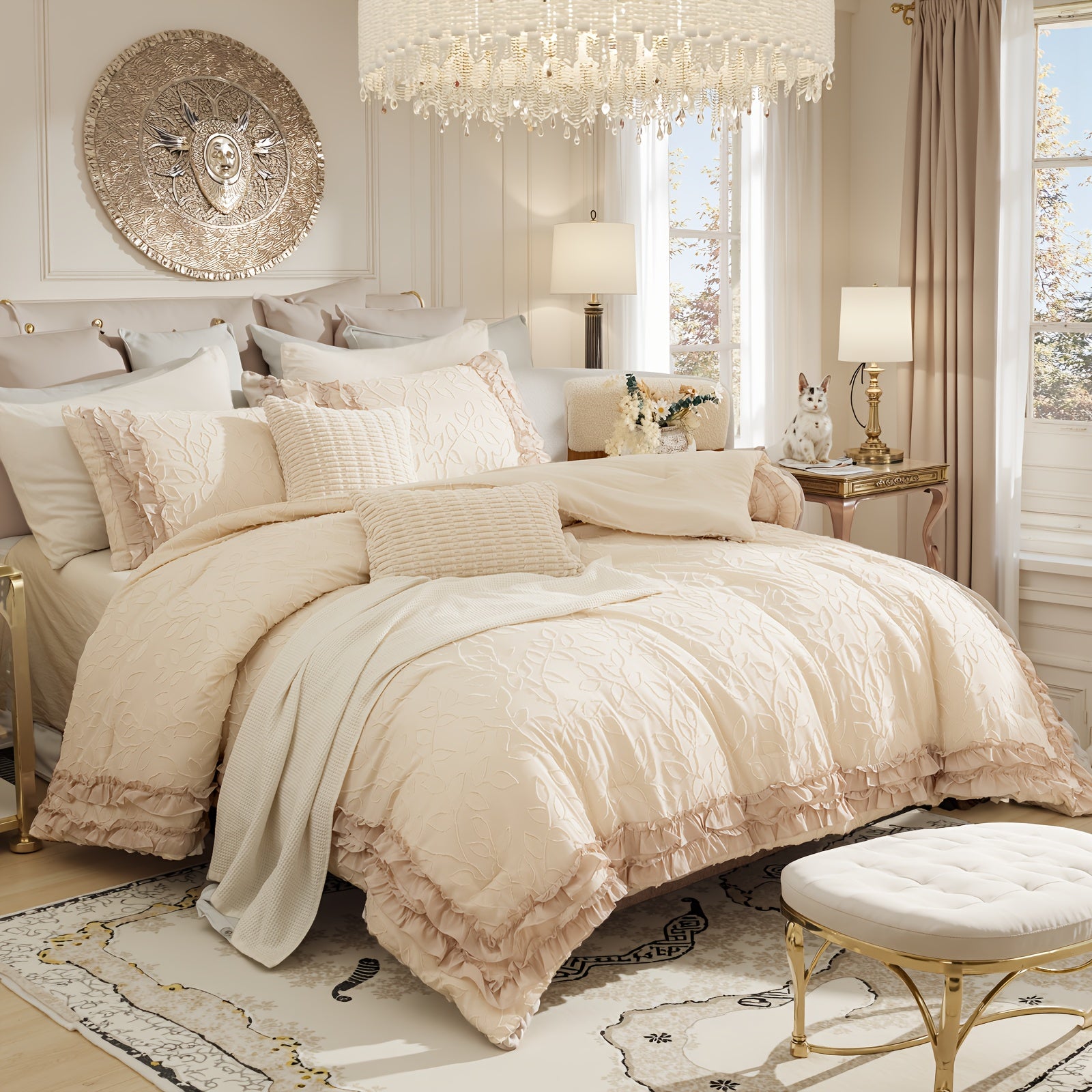 White Ruffle Comforter Sets 5pcs Shabby Chic Farmhouse Bedding Set Jacquard Leaf Botanical Bed Set Super Soft Cozy Bed Comforter For All Season