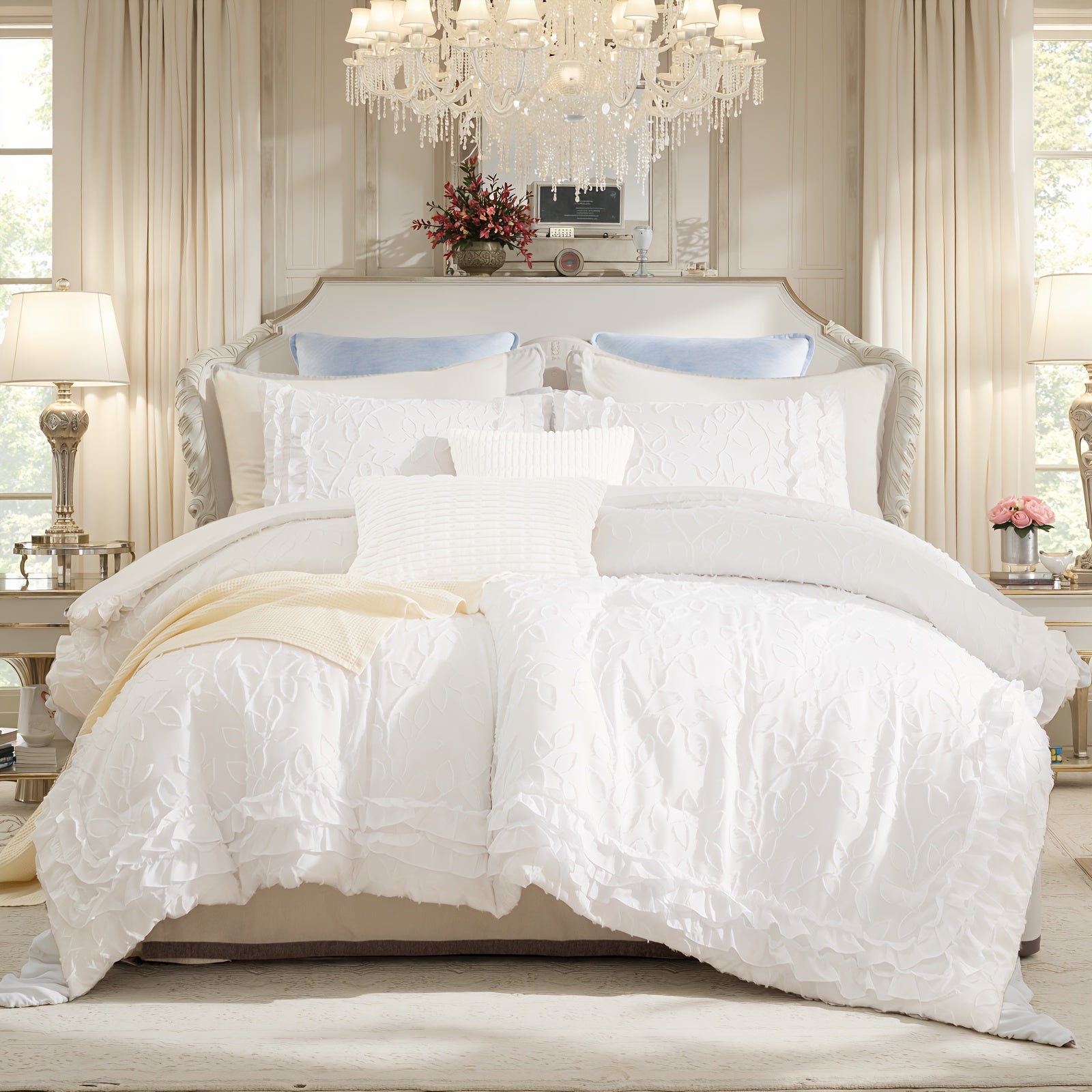 White Ruffle Comforter Sets 5pcs Shabby Chic Farmhouse Bedding Set Jacquard Leaf Botanical Bed Set Super Soft Cozy Bed Comforter For All Season