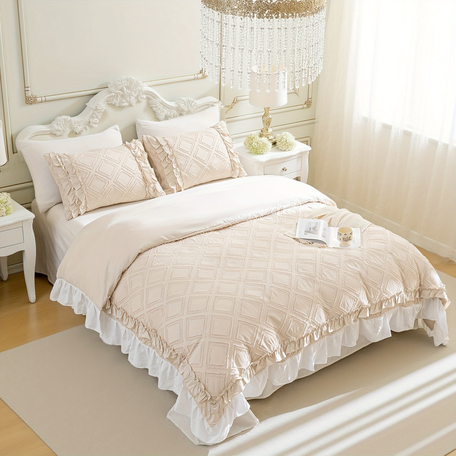 Cute Ruffle Comforter Set Beige White Bedding Set Pleated Ruffled Lace Shabby Chic Bedding Romantic Farmhouse Home Decor Super Soft Cozy All Season Comforter Set