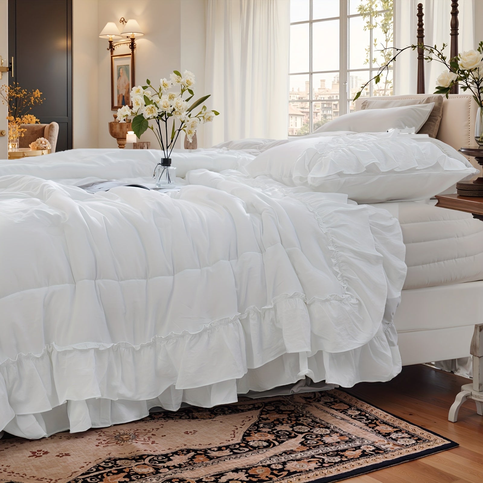 1000 Thread Count Beige Comforter Set Boho Bedding Set Shabby Chic 2 Layers Ruffles Bedroom Home Decor Ultra Soft Microfiber Farmhouse Comforter Bohemian Quilt Set For Girls Women
