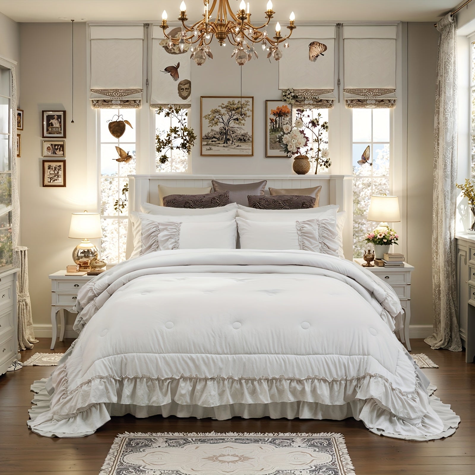 1000 Thread Count Beige Comforter Set Boho Bedding Set Shabby Chic 2 Layers Ruffles Bedroom Home Decor Ultra Soft Microfiber Farmhouse Comforter Bohemian Quilt Set For Girls Women
